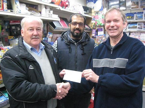 Dennis Fenton and Asif Yaqoob with £2500 Loons Lottery winner Gordon Laird £2500 Loons Lottery Winner, Gordon Laird