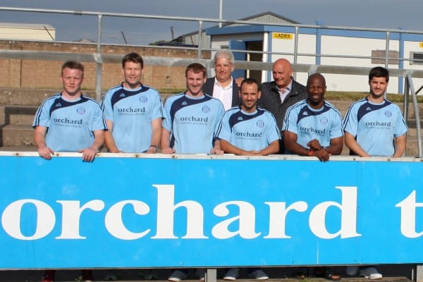 Scott is pictured at Station Park on Tuesday evening with Dick Campbell and summer signings l. to r. Mark Baxter, Darren Dods, Gary Fusco, Paul McManus, Marvin Andrews and Stuart Malcom. 2013 Orchard Sponsorship